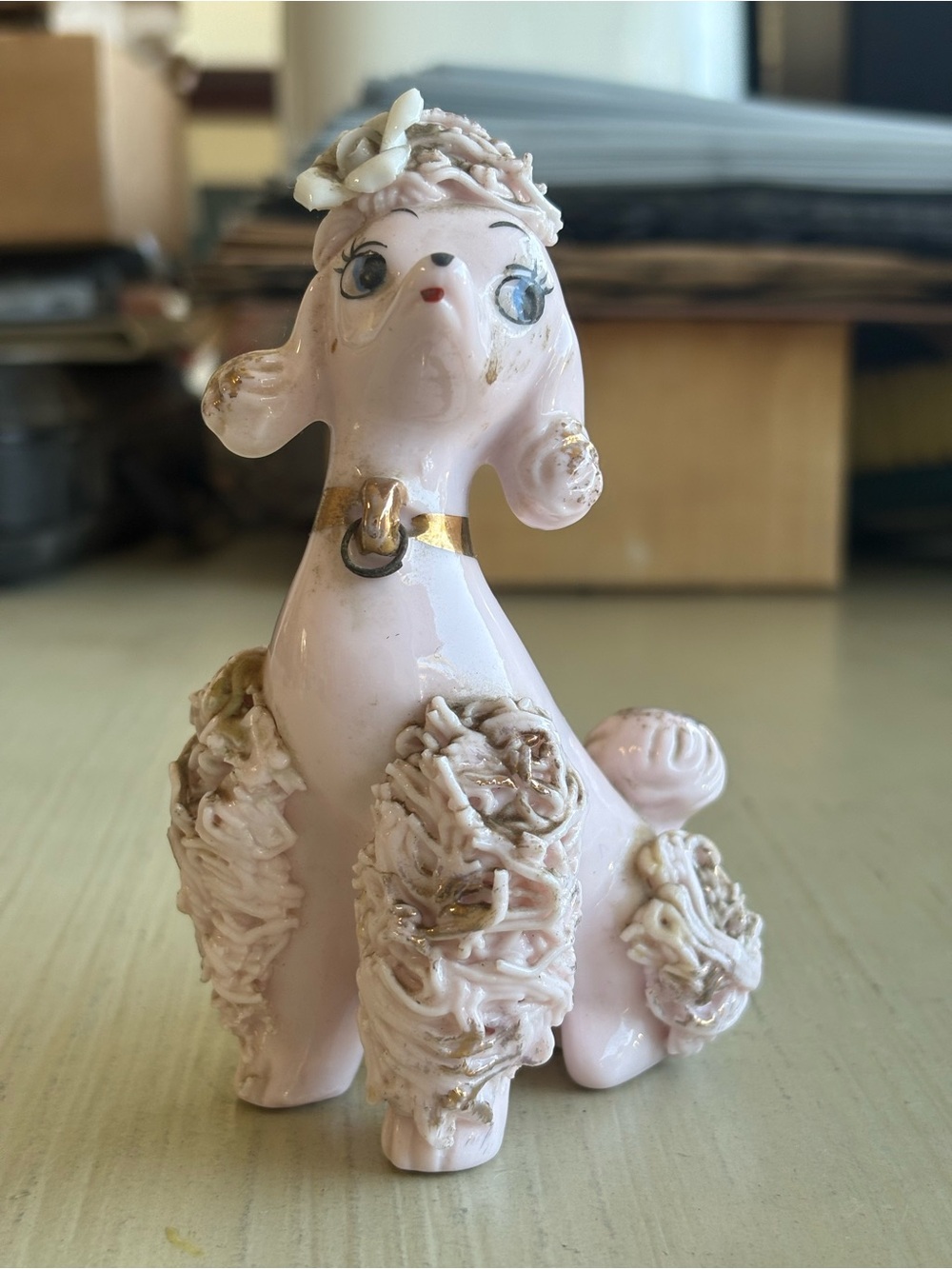 Vintage Pink Spaghetti Poodle Figurine. Flower a little broken